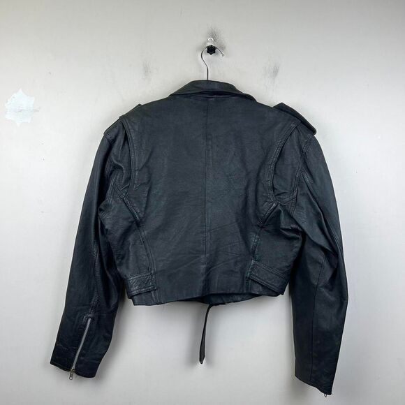 Vintage 90s Wilson’s Cropped Black Leather Moto Biker Motorcycle Jacket Size M - Picture 4 of 7